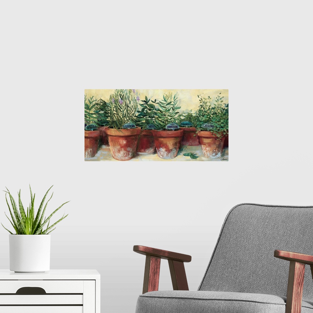 A modern room featuring Contemporary painting of different herbs in separate clay pots.