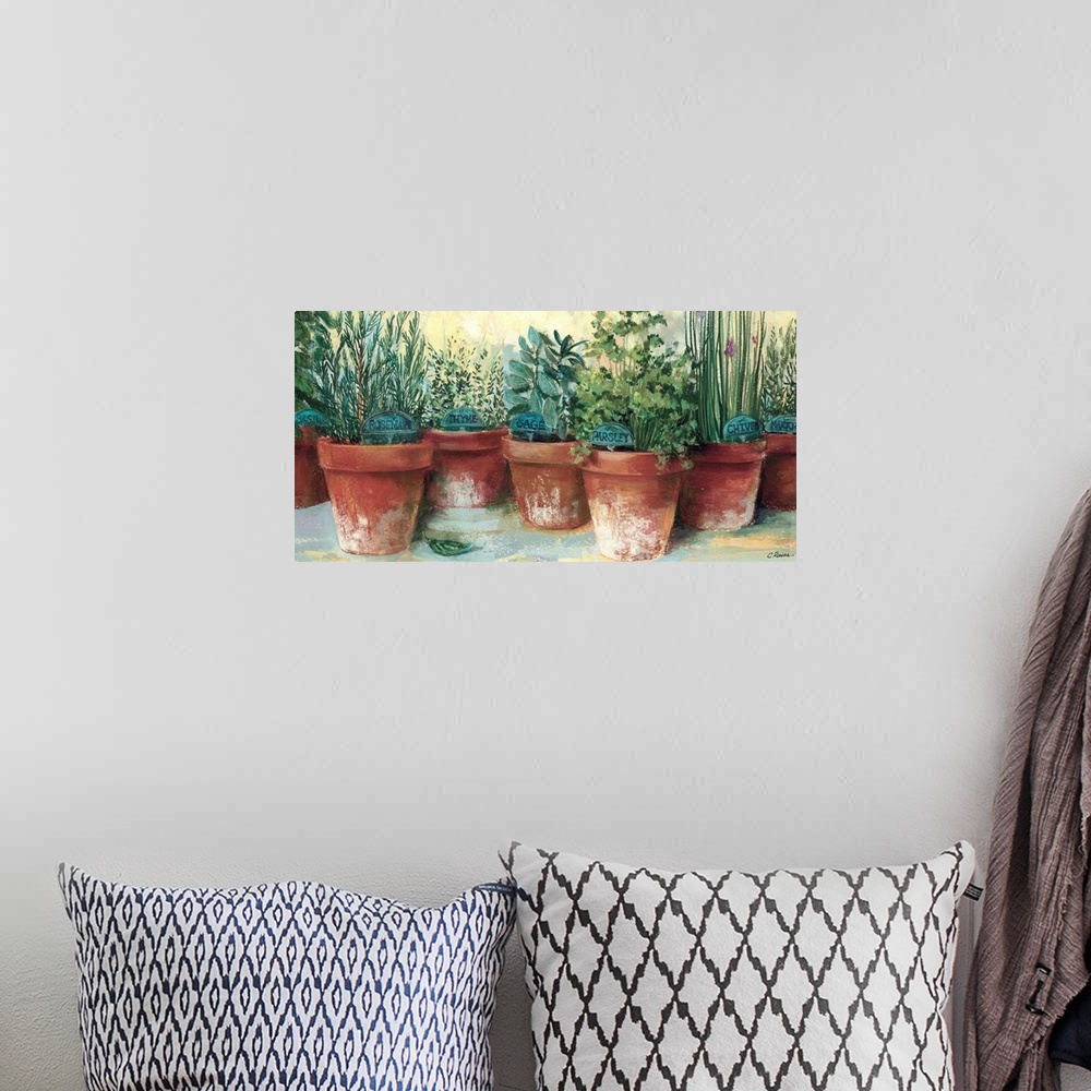 A bohemian room featuring Contemporary painting of different herbs in separate clay pots.