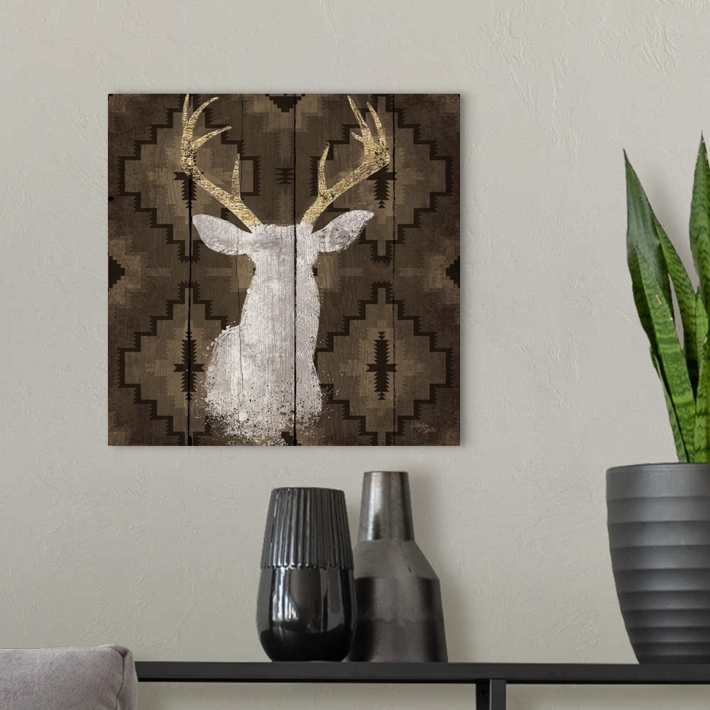 A modern room featuring Stag head silhouette against a rustic looking native american pattern perfect for a lodge in the ...