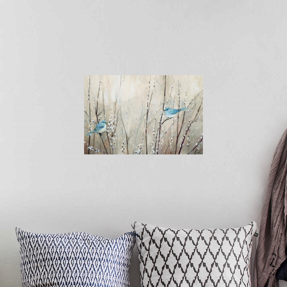 A bohemian room featuring Contemporary artwork featuring a blue bird perched on pussy willow branches over a neutral backgr...
