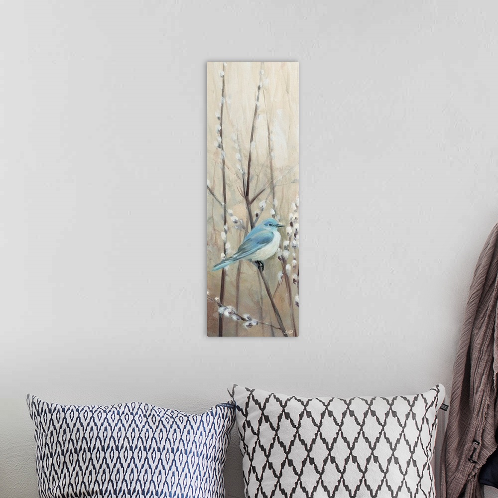 A bohemian room featuring Contemporary artwork featuring a blue bird perched on pussy willow branches over a neutral backgr...