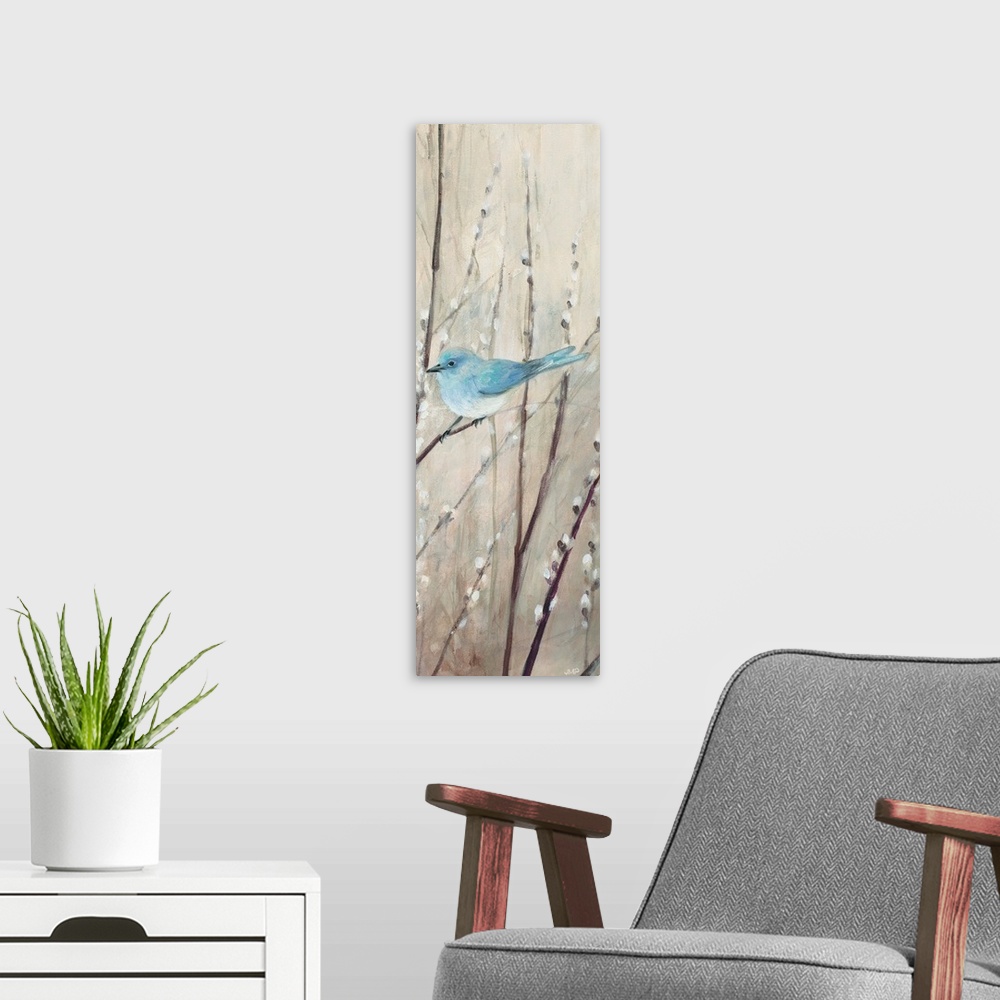 A modern room featuring Contemporary artwork featuring a blue bird perched on pussy willow branches over a neutral backgr...