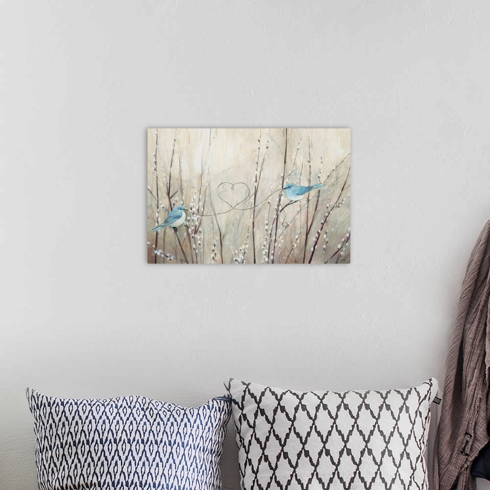 A bohemian room featuring Contemporary artwork featuring two blue birds tying a heart knot over a neutral background.