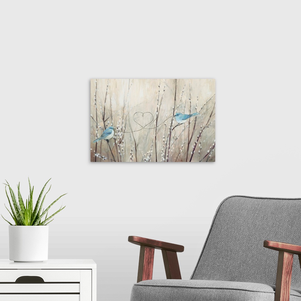 A modern room featuring Contemporary artwork featuring two blue birds tying a heart knot over a neutral background.