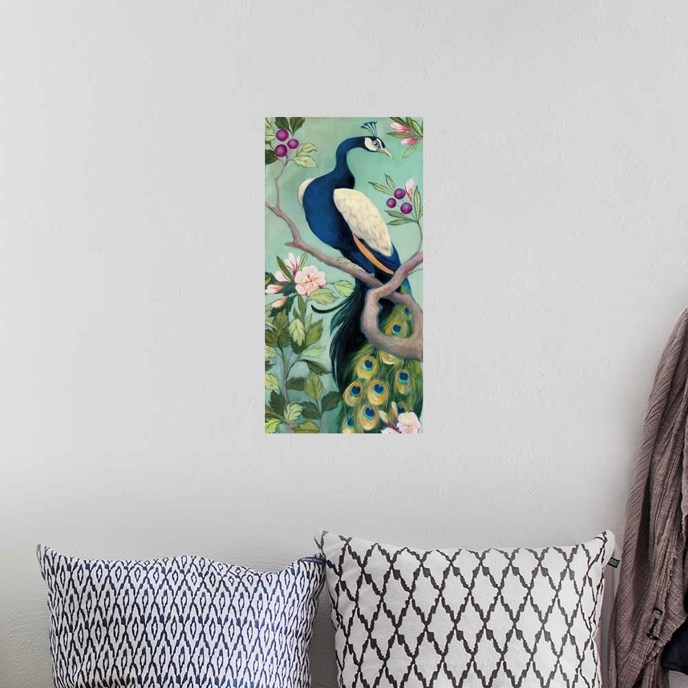 A bohemian room featuring Large vertical contemporary painting of peacock perched on a tree branch with colorful berries an...