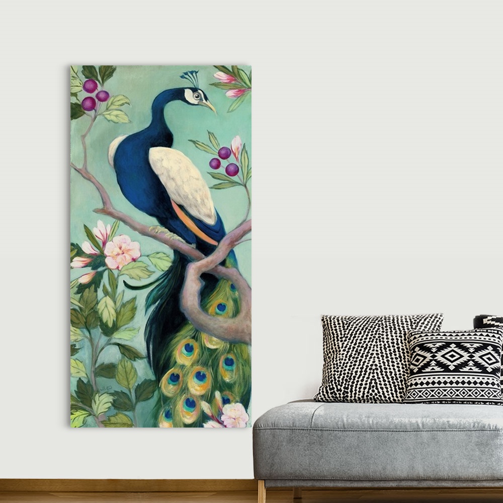 A bohemian room featuring Large vertical contemporary painting of peacock perched on a tree branch with colorful berries an...