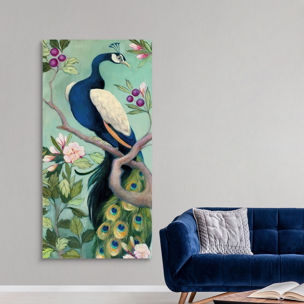 A modern room featuring Large vertical contemporary painting of peacock perched on a tree branch with colorful berries an...