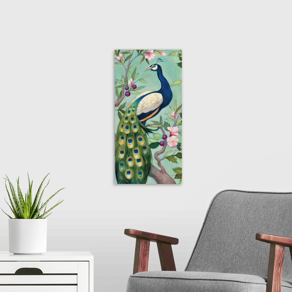 A modern room featuring Large vertical contemporary painting of peacock perched on a tree branch with colorful berries an...