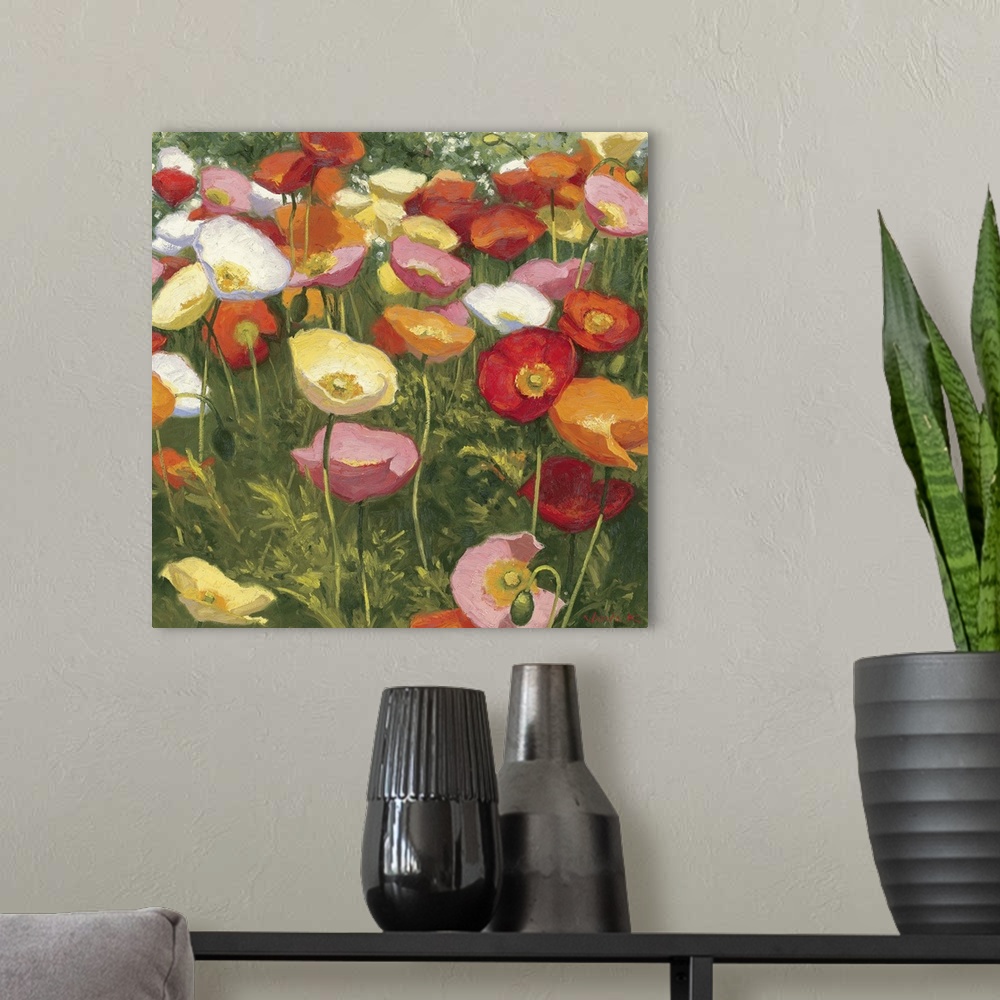 A modern room featuring This square shaped decorative accent is a contemporary impressionistic painting of poppies growin...