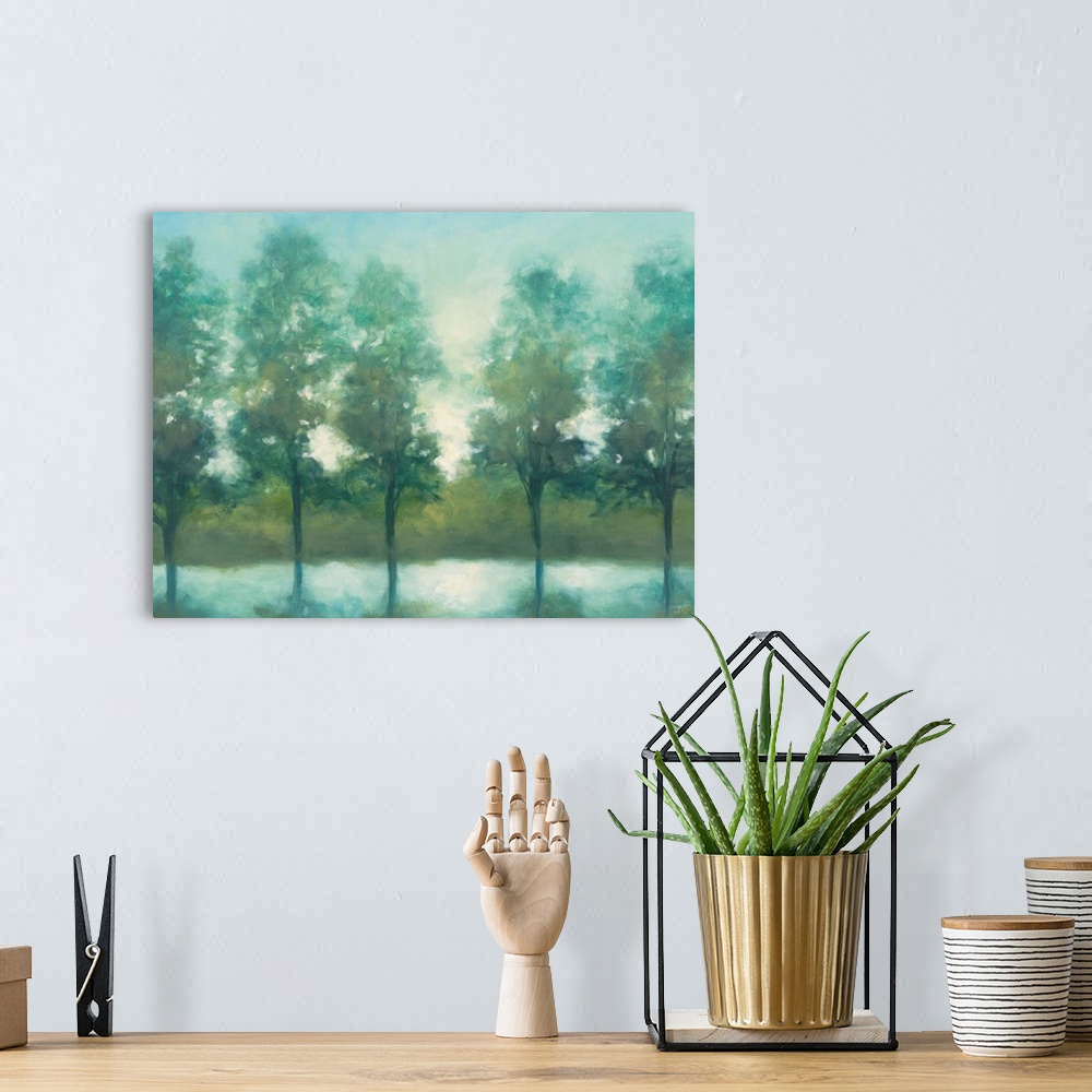 A bohemian room featuring Contemporary landscape painting of a row of trees near a stream.