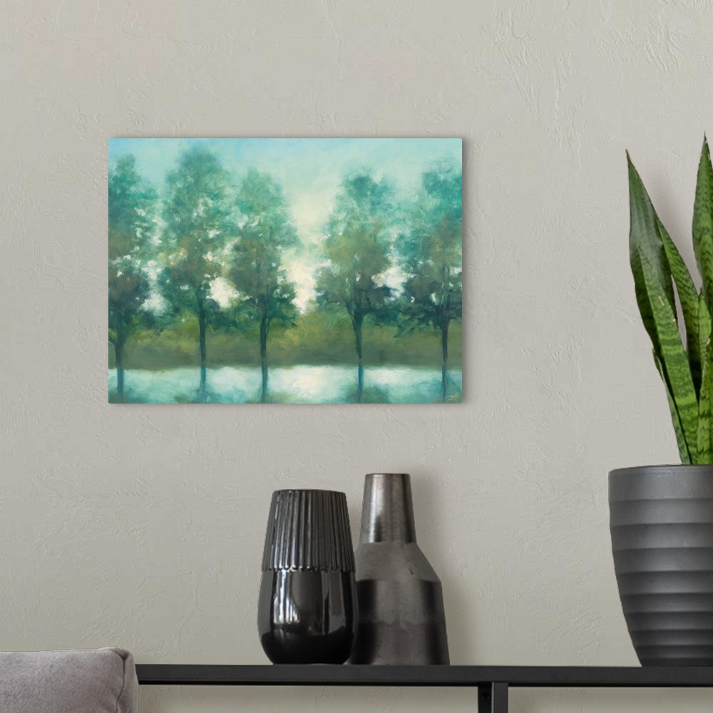 A modern room featuring Contemporary landscape painting of a row of trees near a stream.