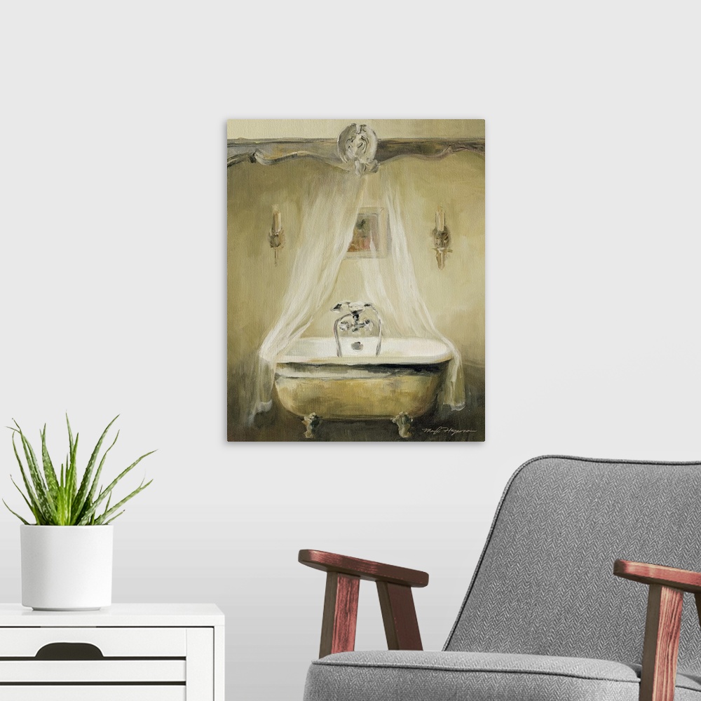 A modern room featuring Large, vertical home art docor painting of an antique bath tub with a sheer fabric hanging above,...