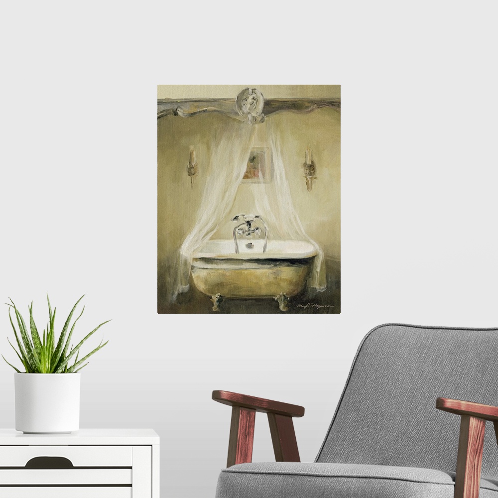 A modern room featuring Large, vertical home art docor painting of an antique bath tub with a sheer fabric hanging above,...