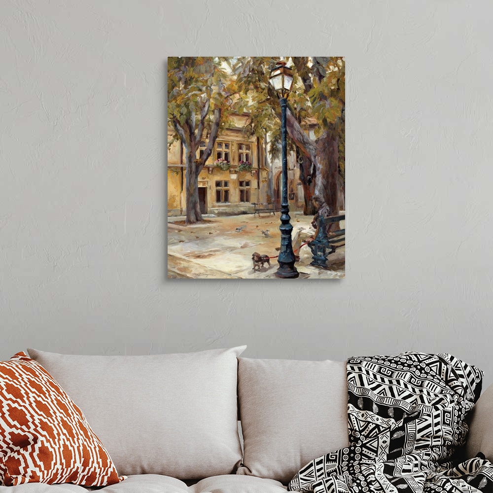 A bohemian room featuring Painting of a man sitting on a bench with his small terrier on a leash looking around a park lamp...