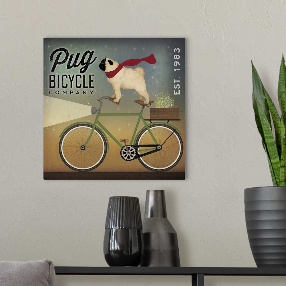 A modern room featuring Cute artwork of a pug wearing a scarf, riding a bicycle.