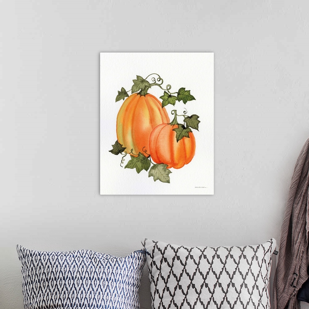 A bohemian room featuring Decorative artwork of two pumpkins and vines on a white background.