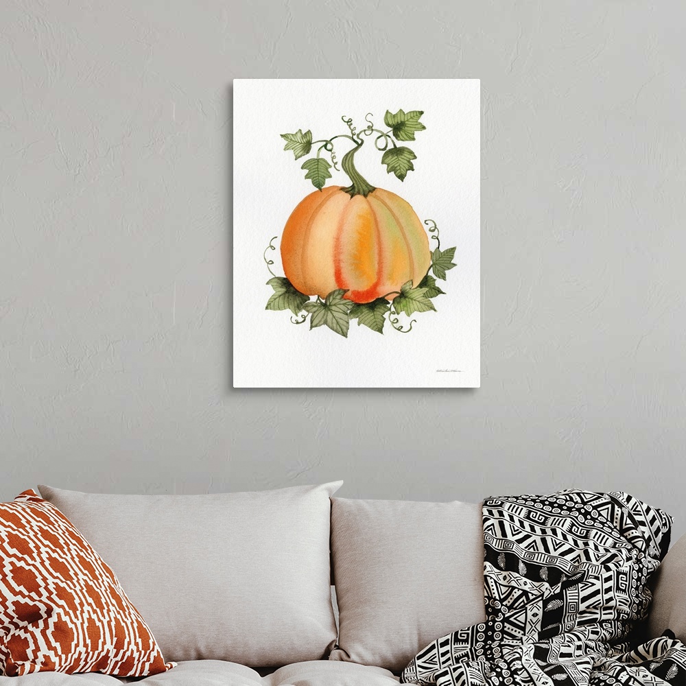 A bohemian room featuring Decorative artwork of an orange pumpkin and vines on a white background.
