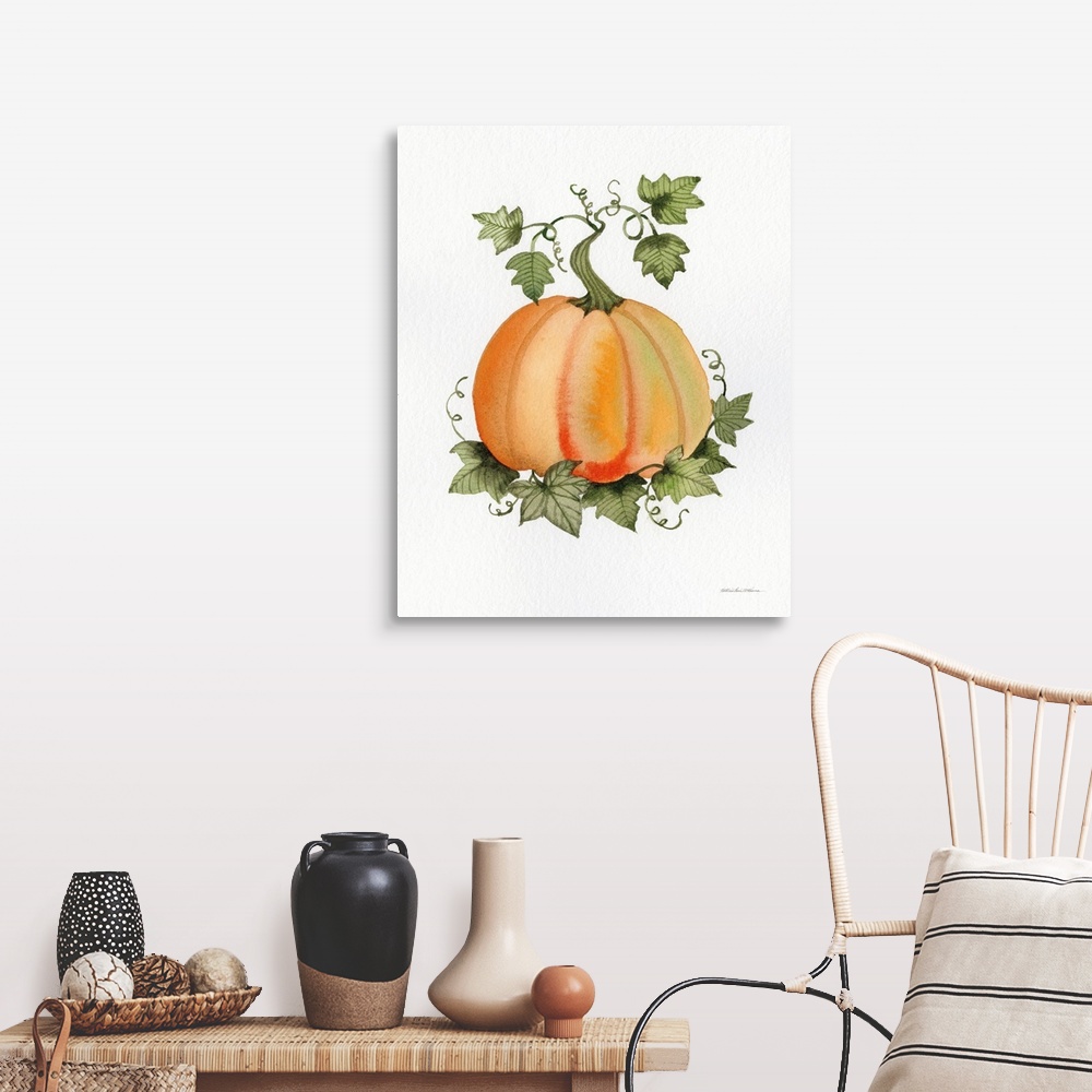 A farmhouse room featuring Decorative artwork of an orange pumpkin and vines on a white background.