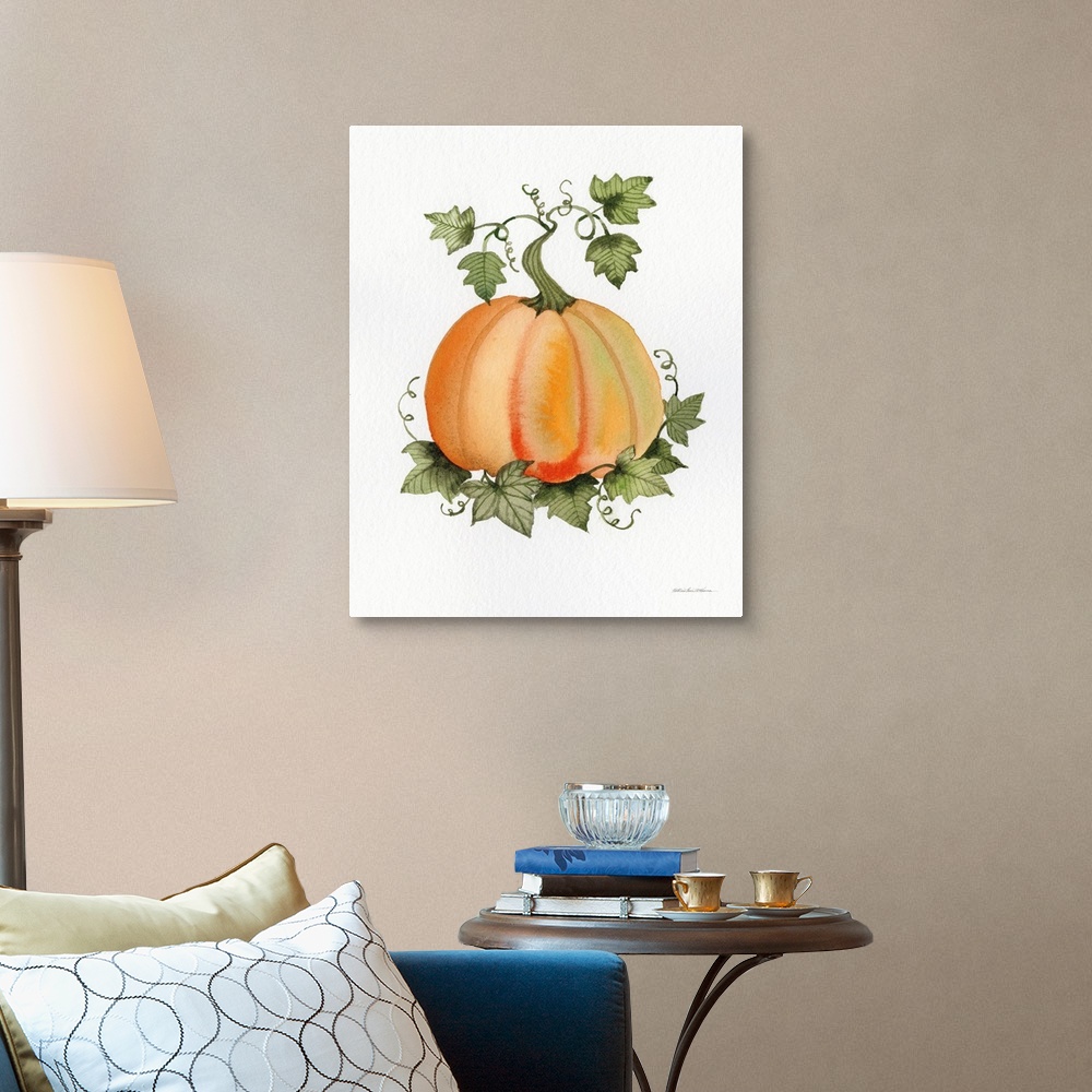 A traditional room featuring Decorative artwork of an orange pumpkin and vines on a white background.