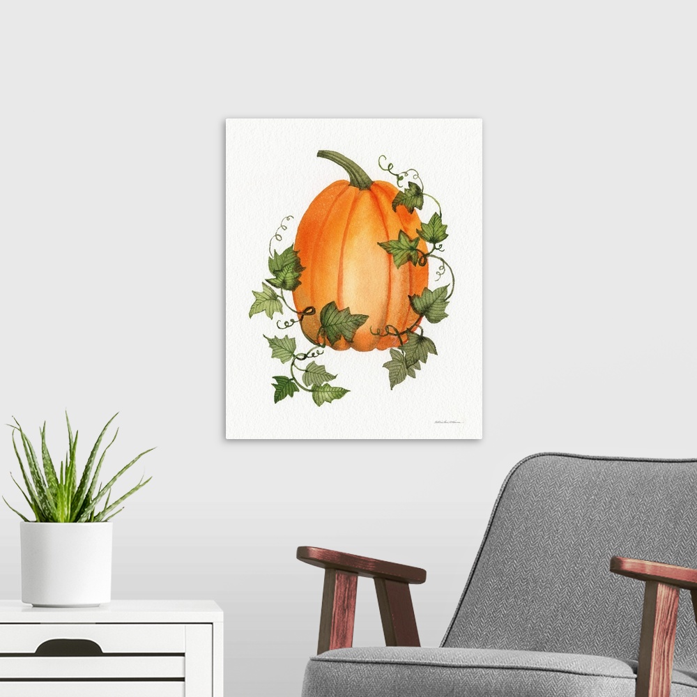 A modern room featuring Decorative artwork of an orange pumpkin and vines on a white background.