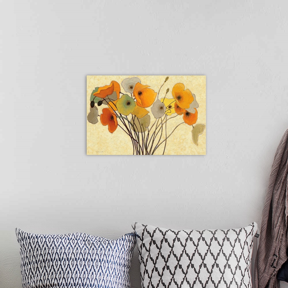 A bohemian room featuring Horizontal fine art painting of a bouquet of poppies in golden colors, on a lighter, neutral, bru...