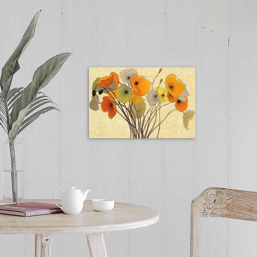A farmhouse room featuring Horizontal fine art painting of a bouquet of poppies in golden colors, on a lighter, neutral, bru...