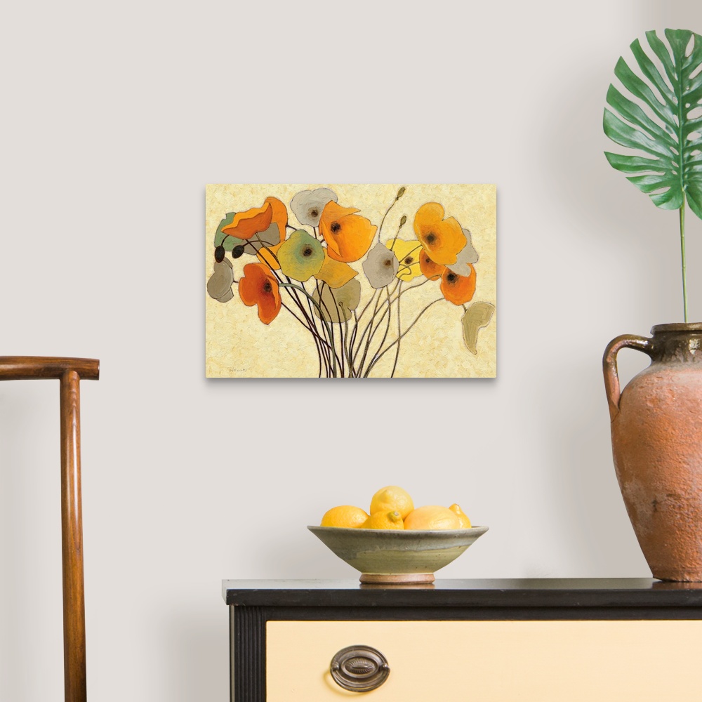 A traditional room featuring Horizontal fine art painting of a bouquet of poppies in golden colors, on a lighter, neutral, bru...