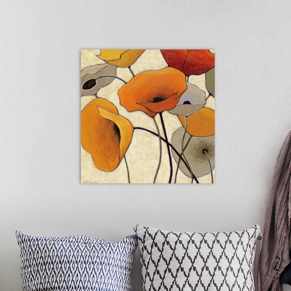 A bohemian room featuring Abstract painting of warm colored flowers with long thin stems.
