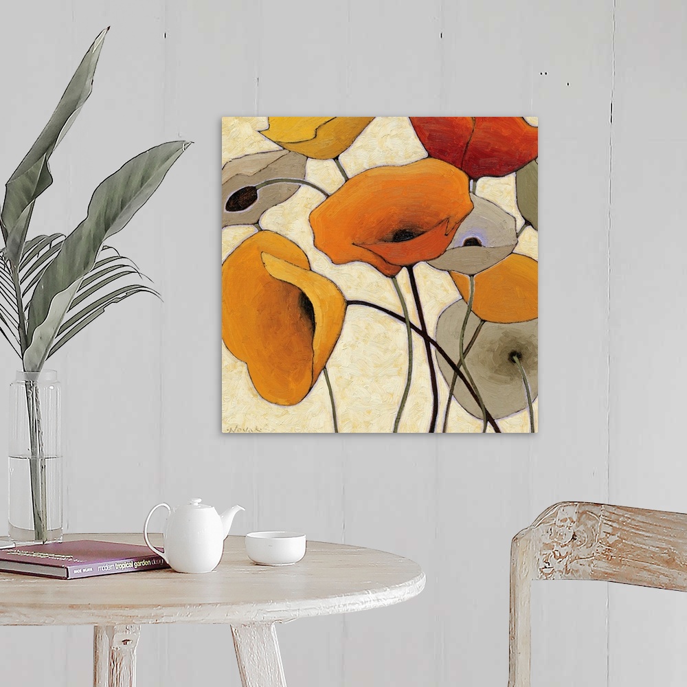 A farmhouse room featuring Abstract painting of warm colored flowers with long thin stems.