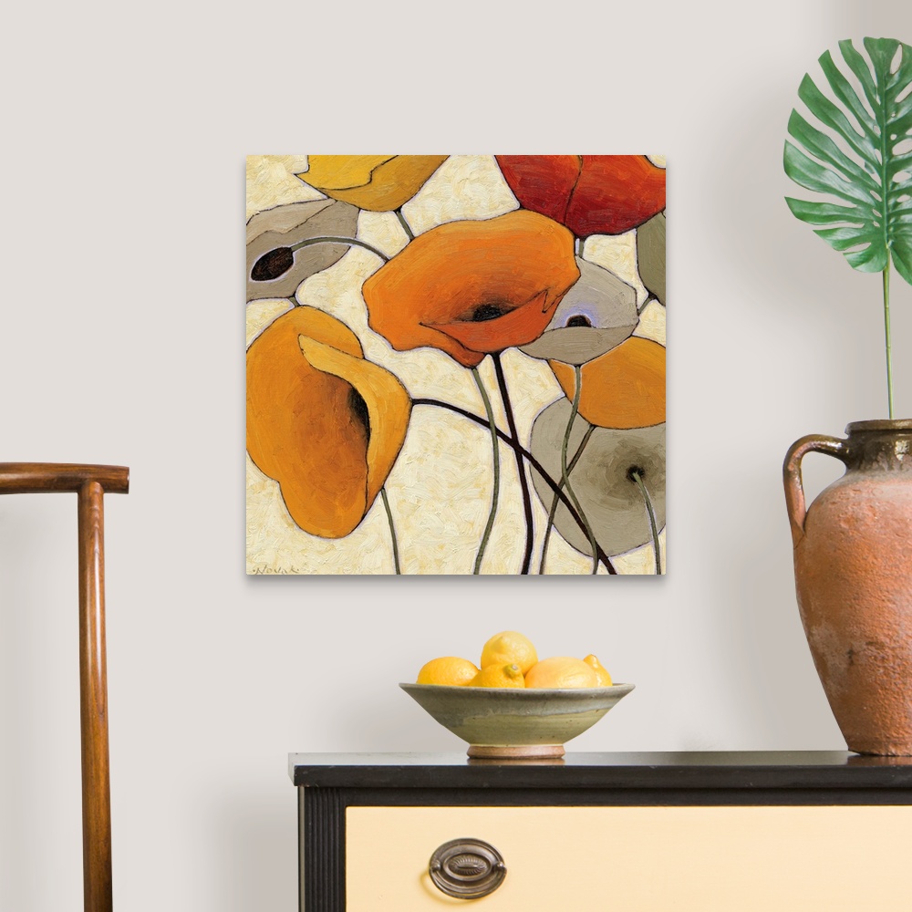 A traditional room featuring Abstract painting of warm colored flowers with long thin stems.