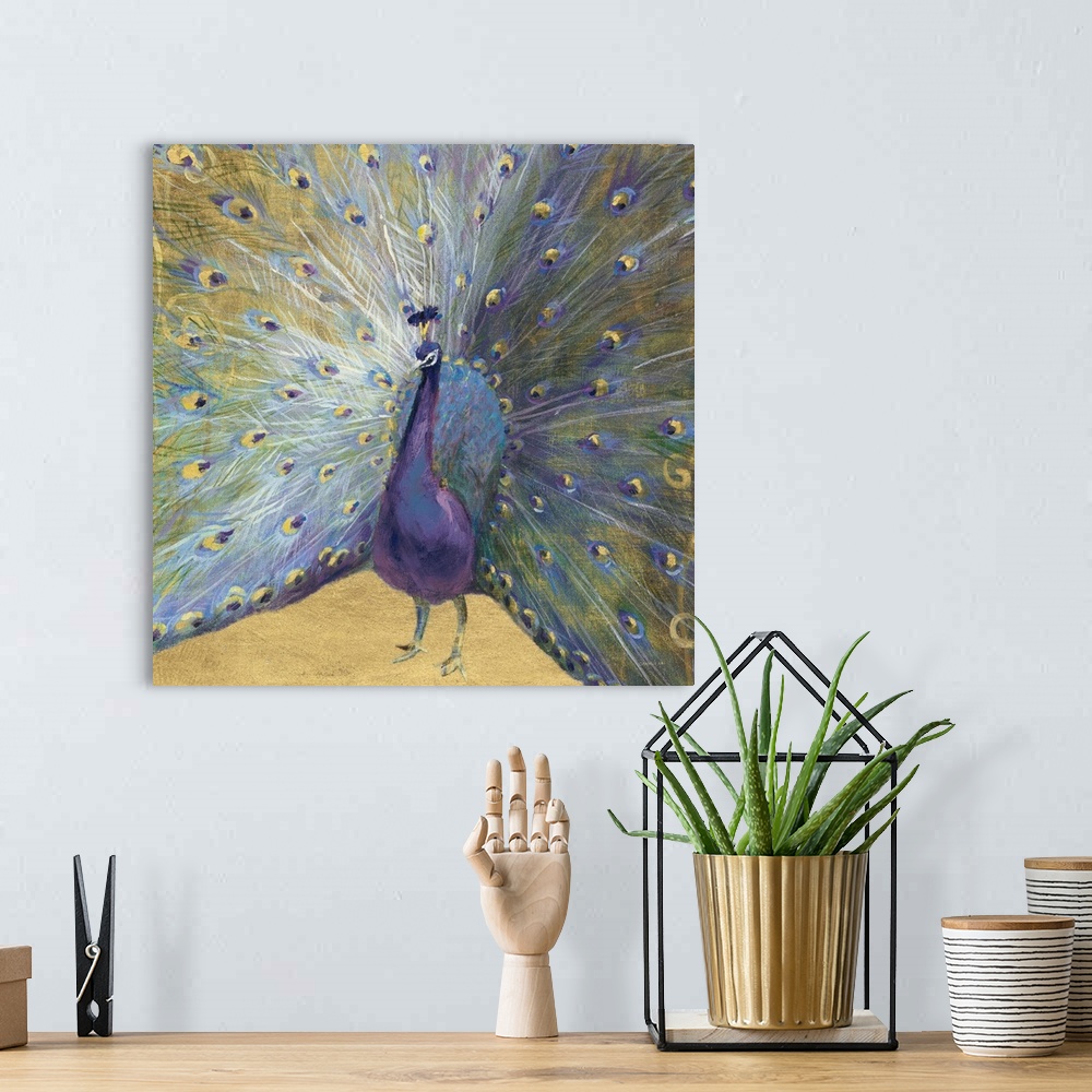A bohemian room featuring Contemporary painting of a peacock with its feathers spread wide open on a gold background.