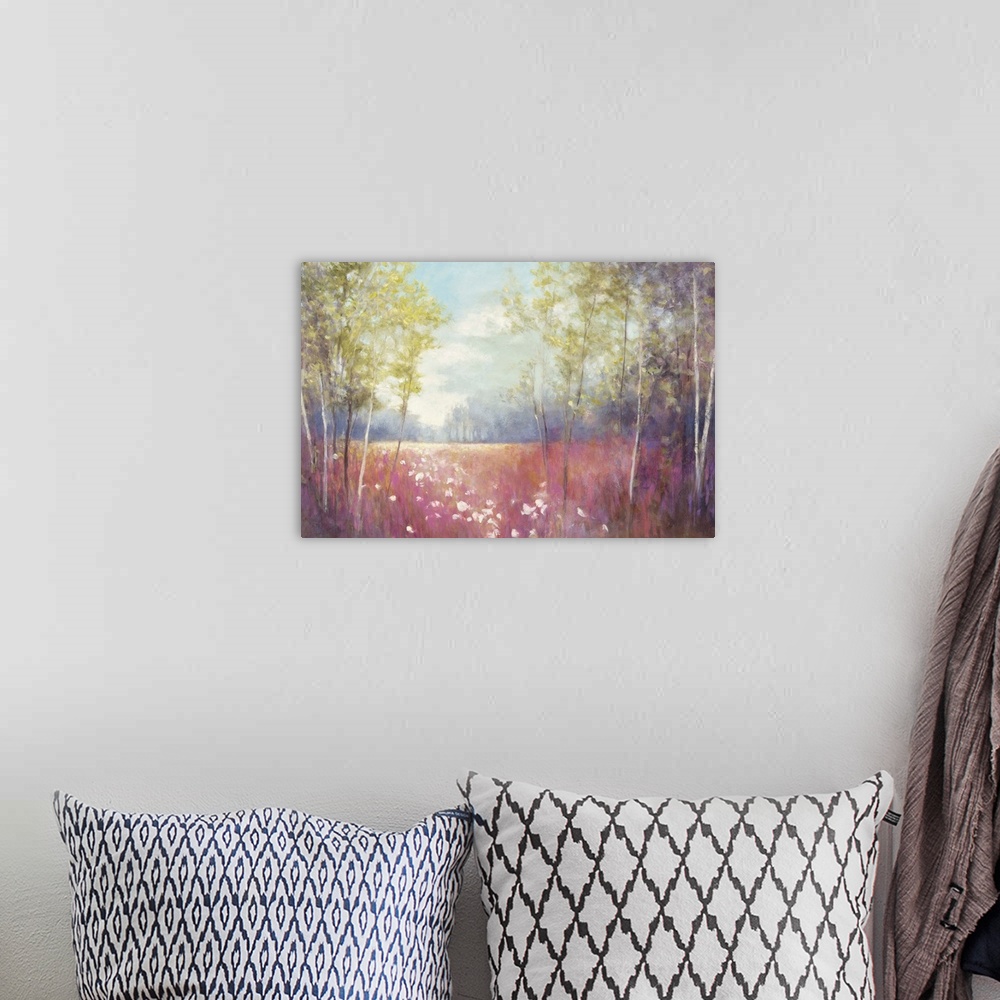 A bohemian room featuring Contemporary landscape painting of a clearing in a forest in pastel colors.