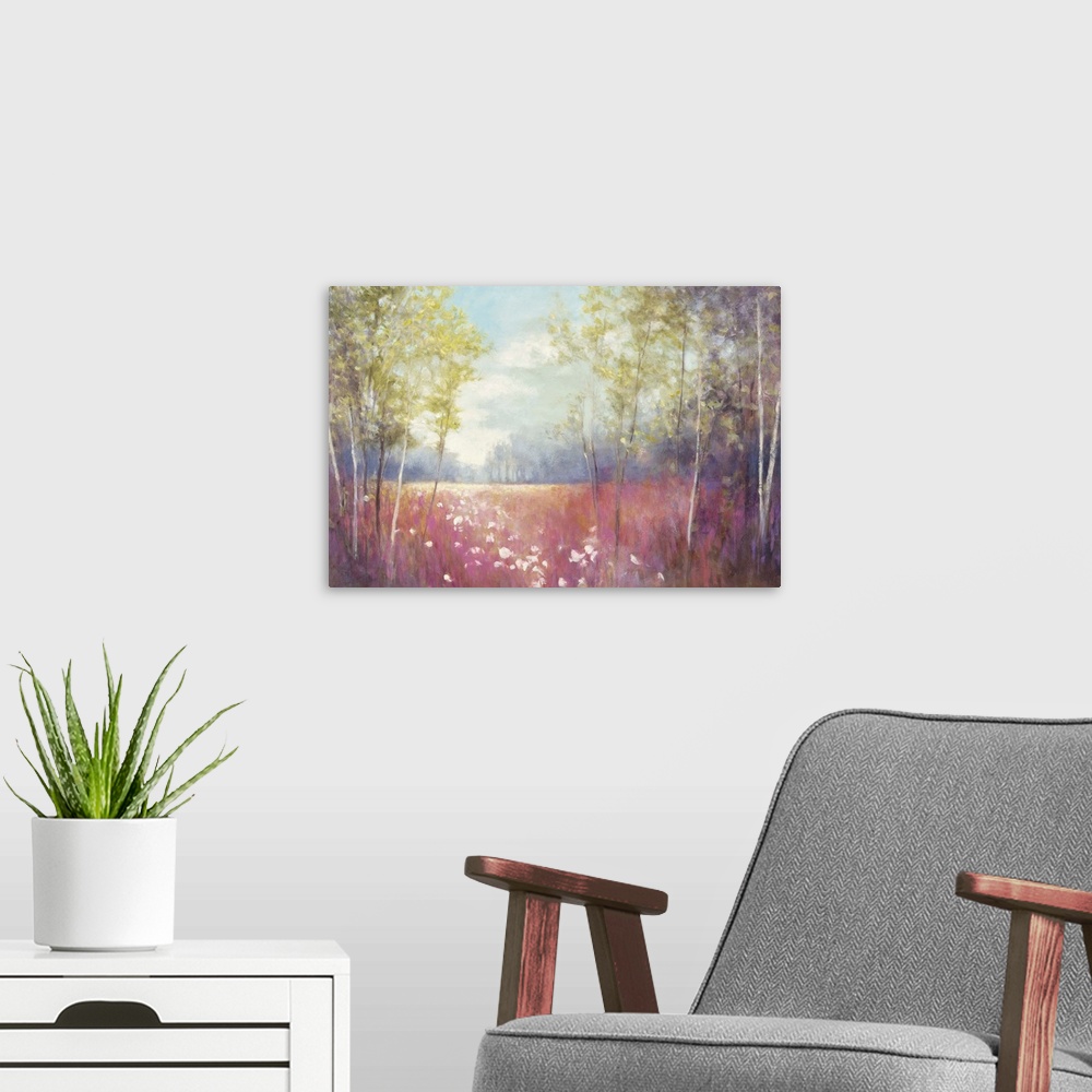A modern room featuring Contemporary landscape painting of a clearing in a forest in pastel colors.