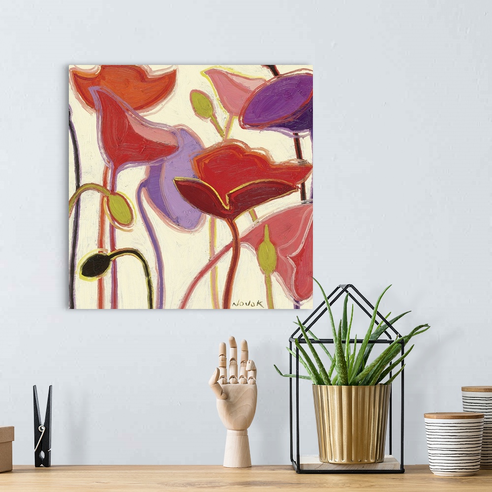 A bohemian room featuring Square, large home art docor of numerous flowers and buds extending upward, in a variety of color...