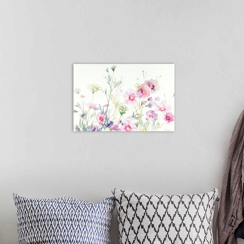 A bohemian room featuring Watercolor painting of soft cosmos flowers and Queen Annes Lace on a white background.