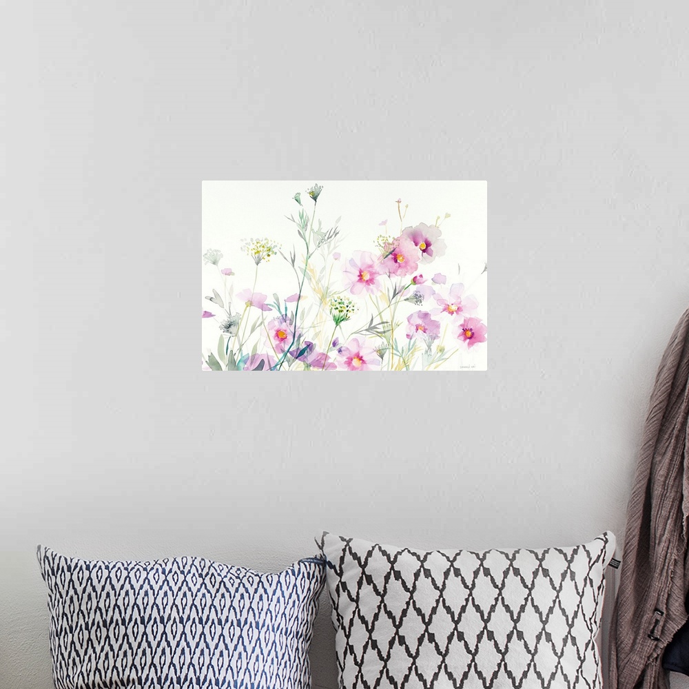 A bohemian room featuring Watercolor painting of soft cosmos flowers and Queen Annes Lace on a white background.