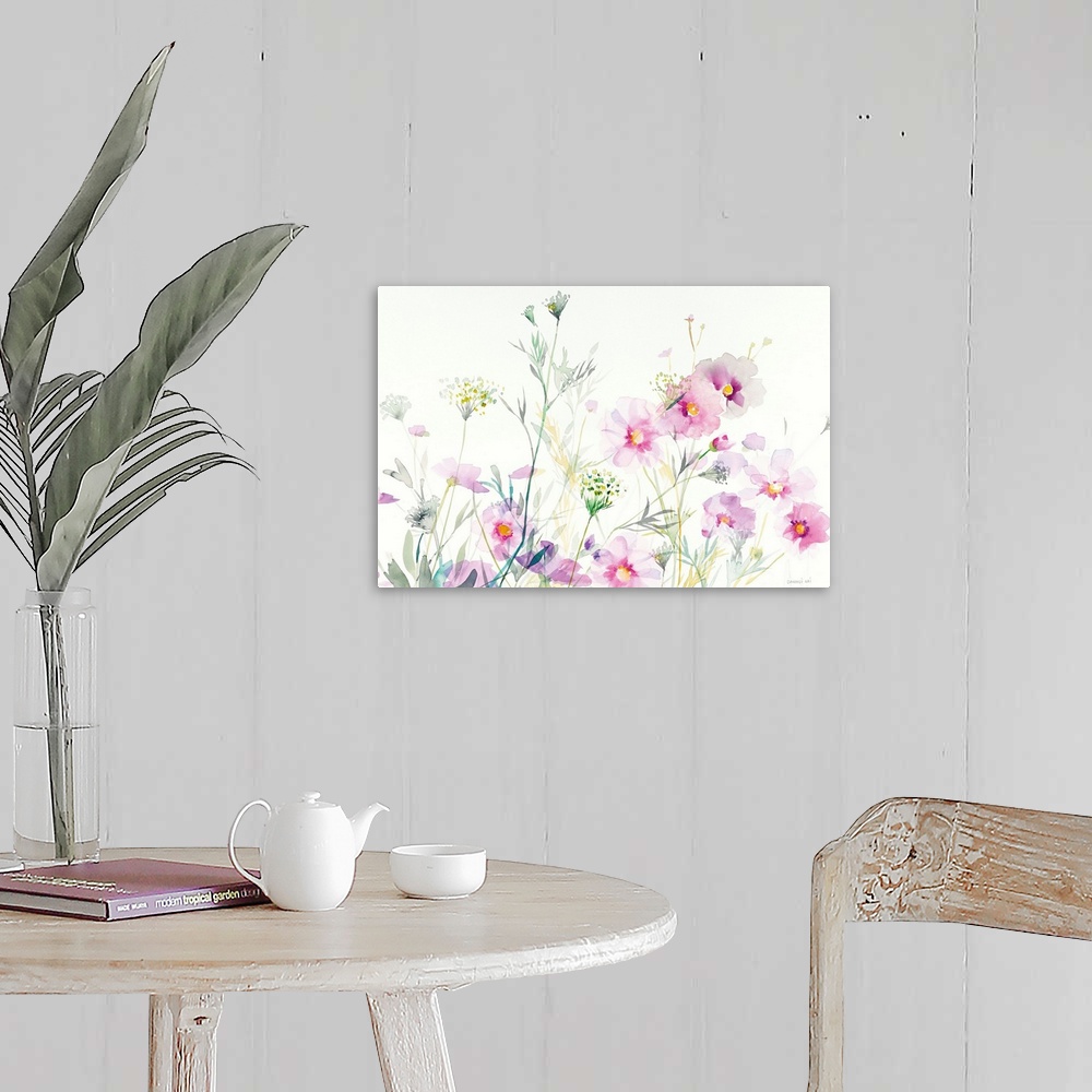 A farmhouse room featuring Watercolor painting of soft cosmos flowers and Queen Annes Lace on a white background.
