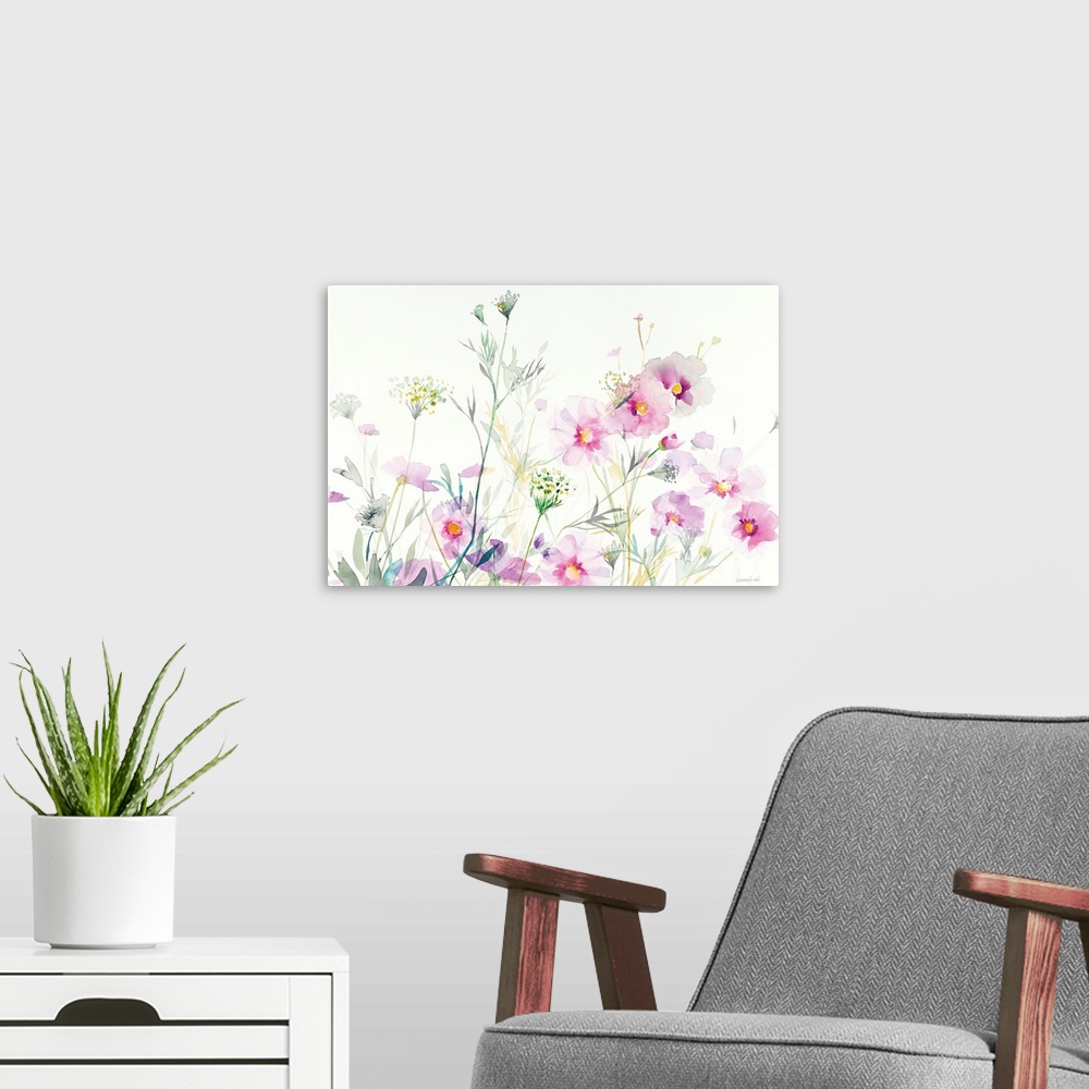 A modern room featuring Watercolor painting of soft cosmos flowers and Queen Annes Lace on a white background.