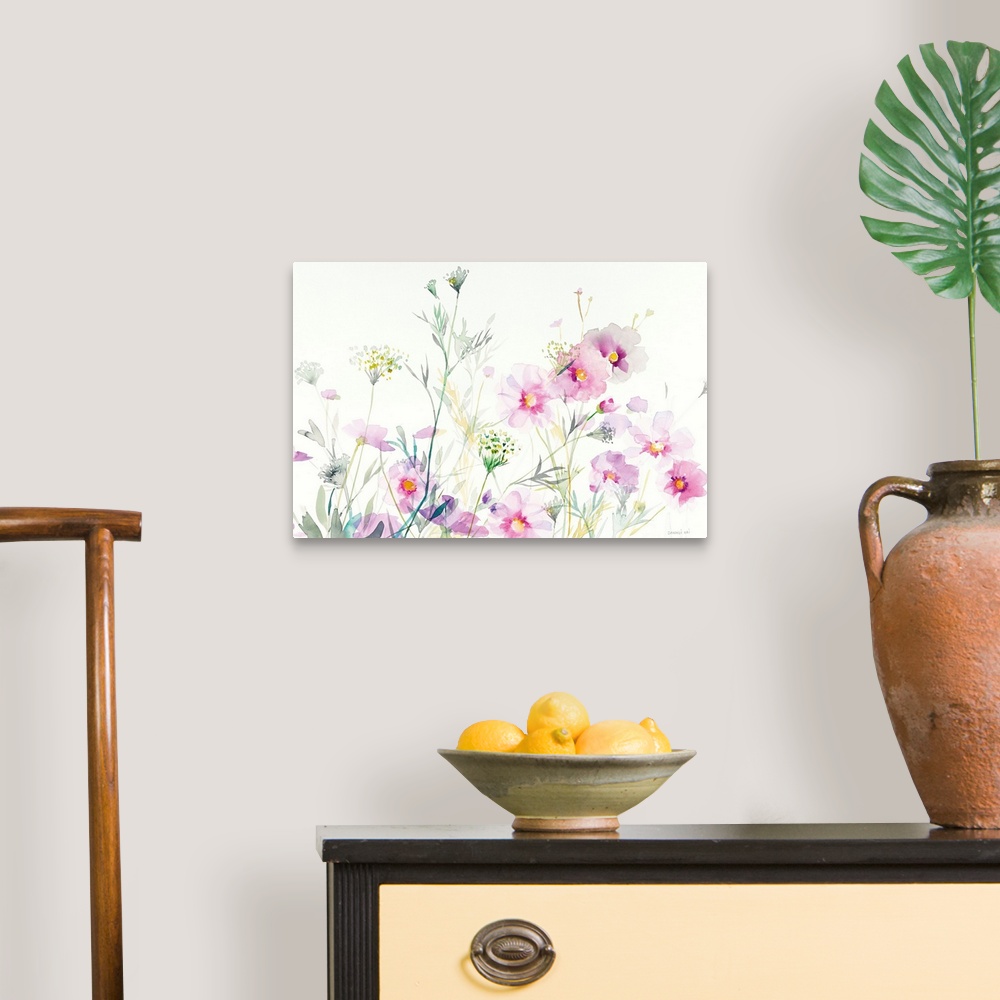 A traditional room featuring Watercolor painting of soft cosmos flowers and Queen Annes Lace on a white background.