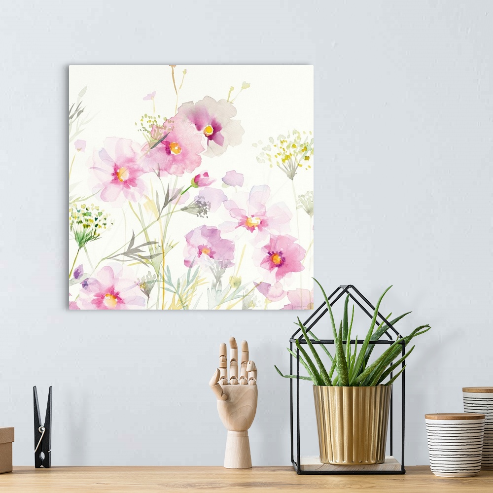 A bohemian room featuring Watercolor painting of soft cosmos flowers and Queen Annes Lace on a white square background.