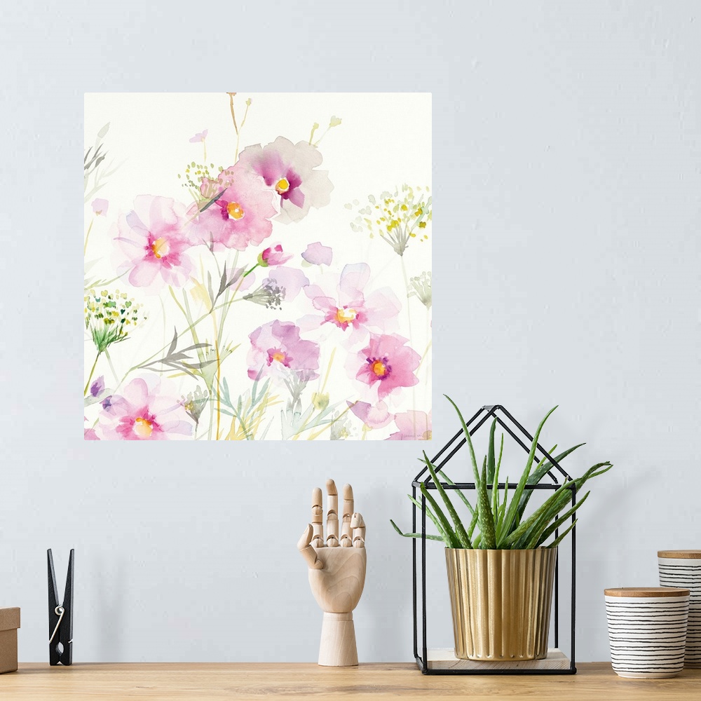 A bohemian room featuring Watercolor painting of soft cosmos flowers and Queen Annes Lace on a white square background.