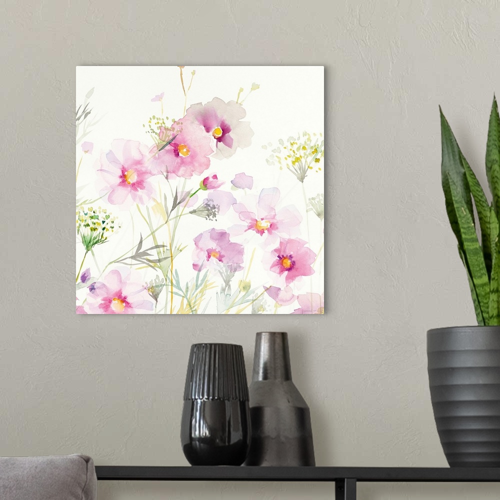 A modern room featuring Watercolor painting of soft cosmos flowers and Queen Annes Lace on a white square background.