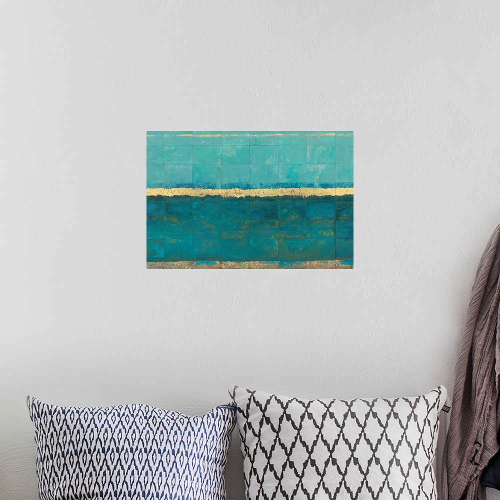 A bohemian room featuring Abstract painting of square tiles with horizontal bands of color.