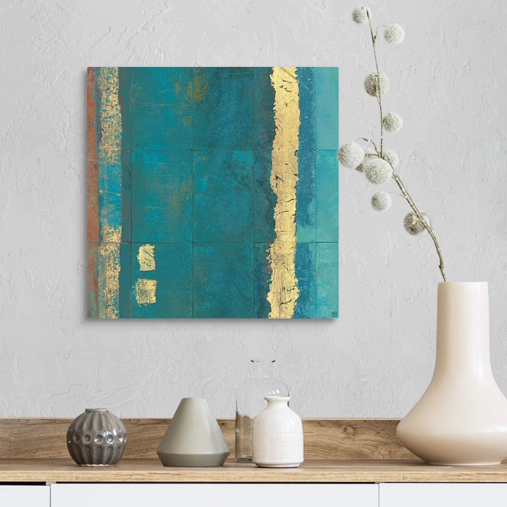 A farmhouse room featuring Square abstract painting done in turquoise tones resembling tiles, divided by strokes of neutral ...