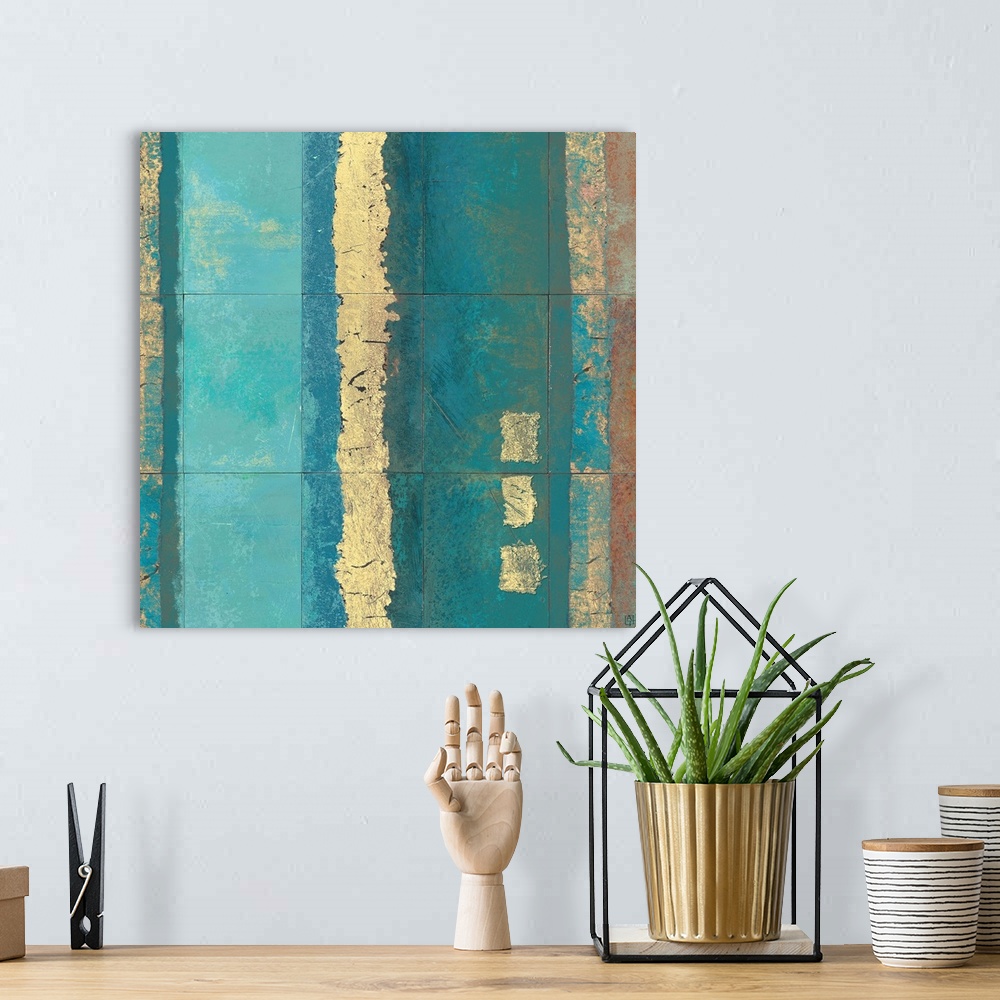 A bohemian room featuring This gicloe print of a contemporary mixed media painting made with tiles that have been painted w...
