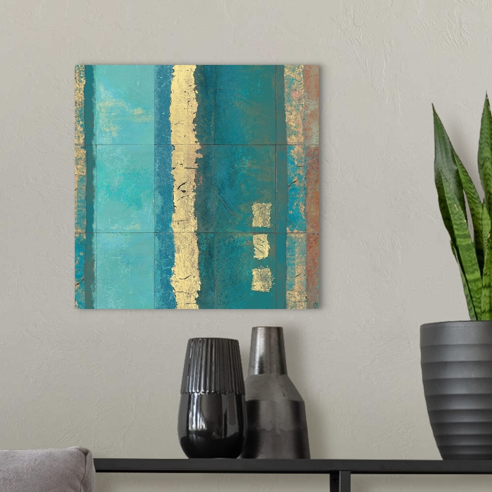A modern room featuring This gicloe print of a contemporary mixed media painting made with tiles that have been painted w...