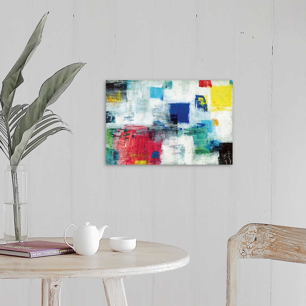 A farmhouse room featuring Contemporary abstract artwork in bright primary colors.