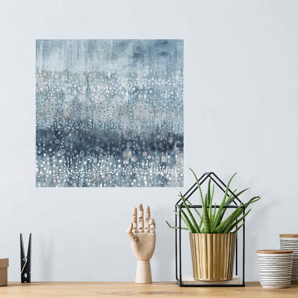 A bohemian room featuring Rain Abstract IV Blue Silver