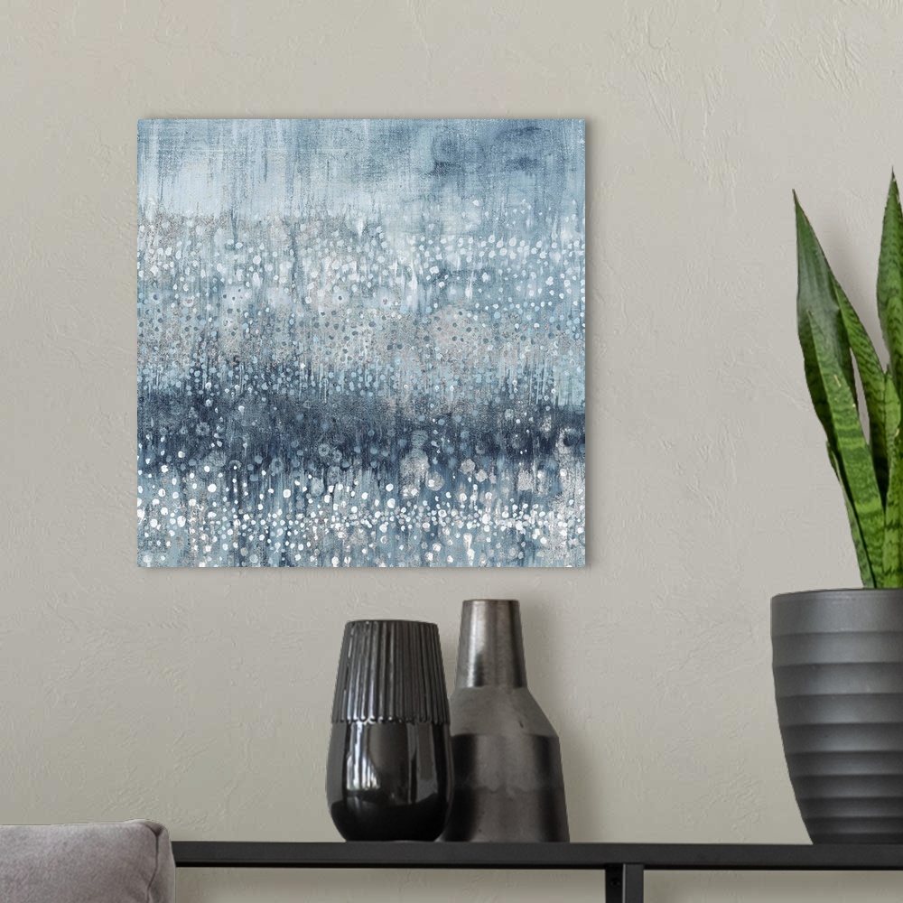 A modern room featuring Rain Abstract IV Blue Silver