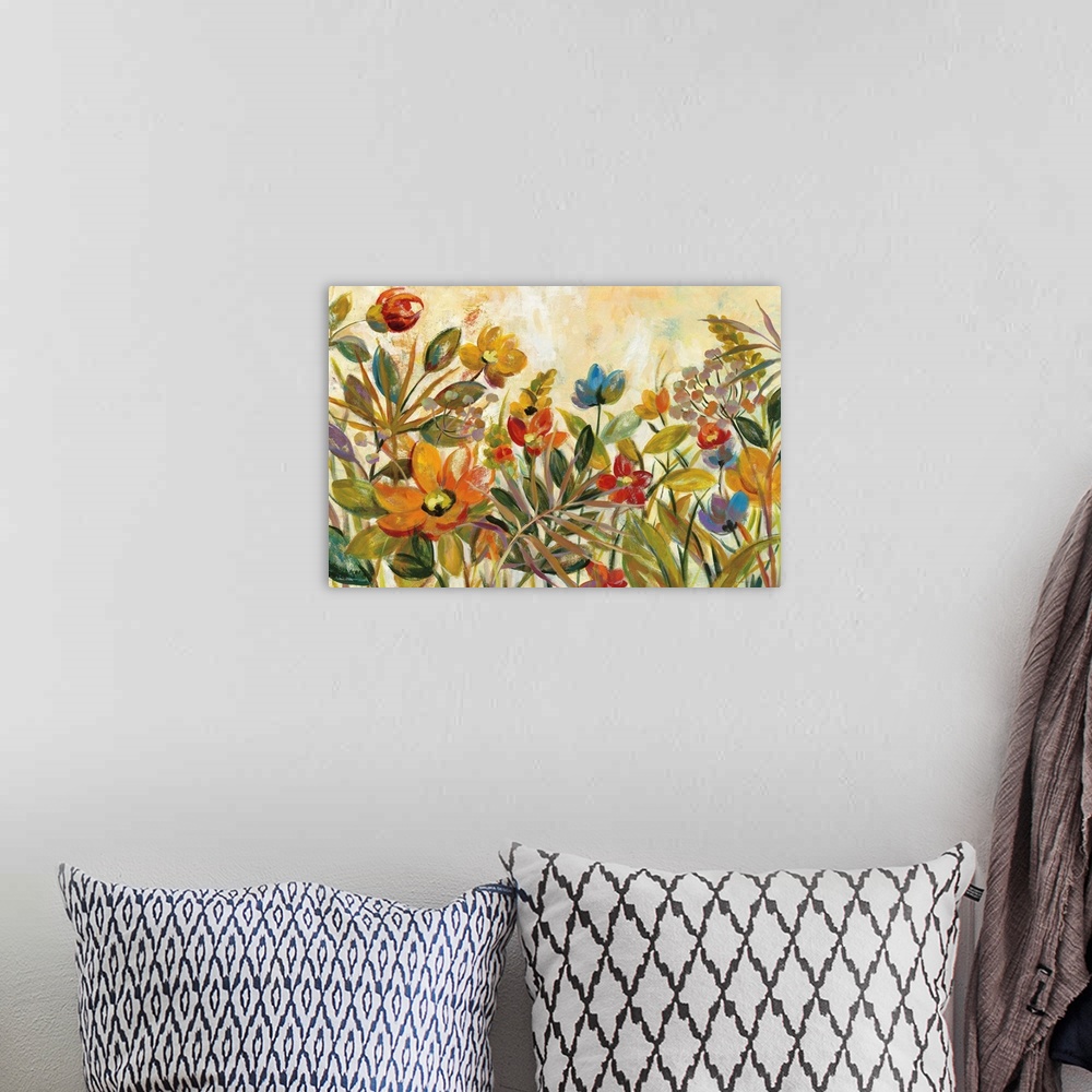 A bohemian room featuring Contemporary painting of colorful, tropical flowers on a neutral colored background.
